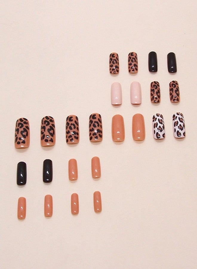 HJKDSFD Leopard Print Press on Nails Medium Square Fake Nails Brown Black Acrylic Nails with Solid Color Designs Glossy Artificial False Nails Cute Reusable Glue on Nails for Women Girls 24Pcs - Image 4